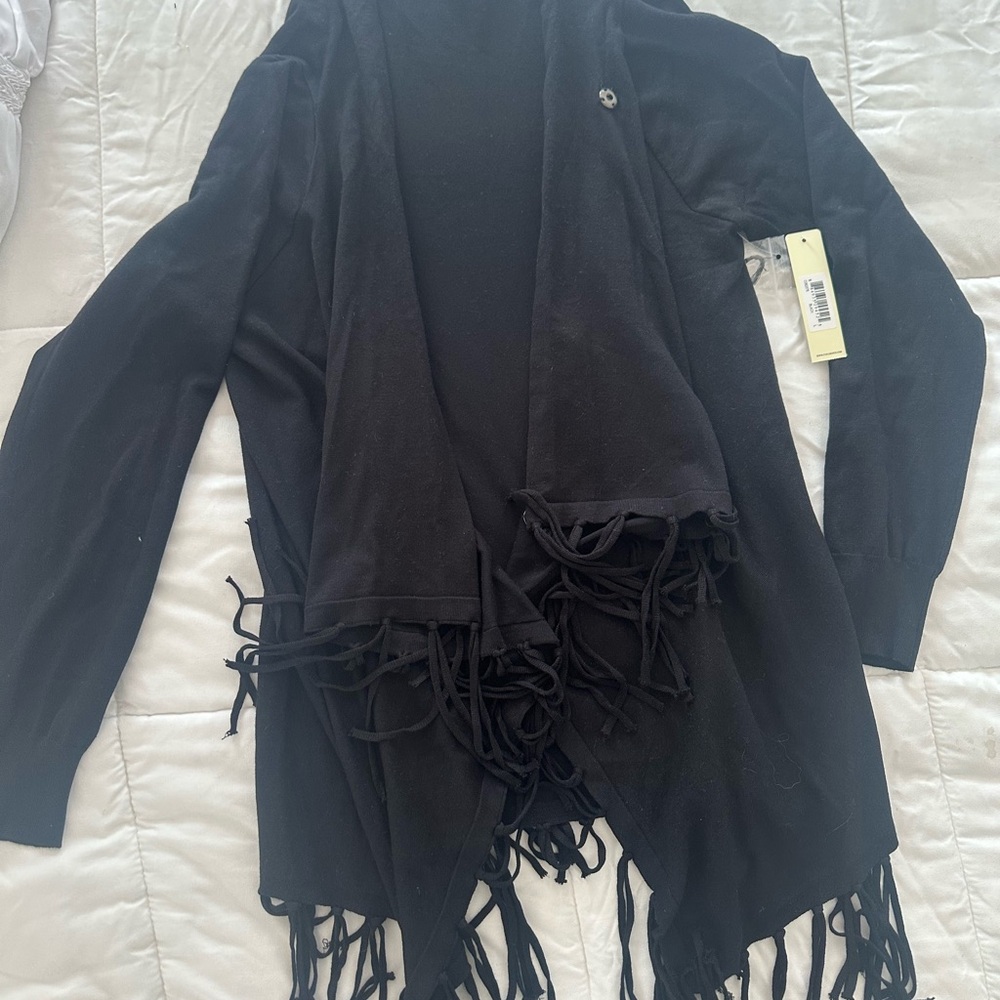 Elegant Black Cardigan with Fringe